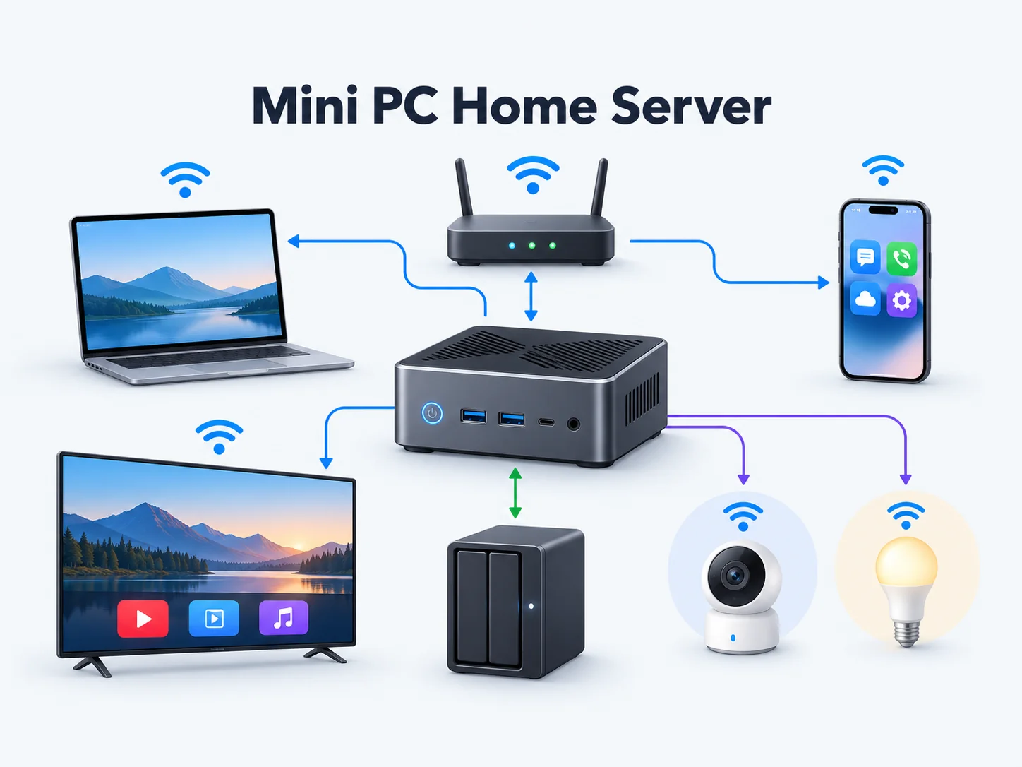 Mini PC home server connected to router storage and household devices