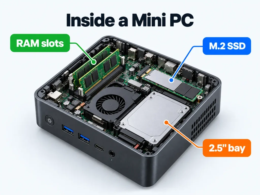 Illustration of mini PC RAM slots and M.2 SSD