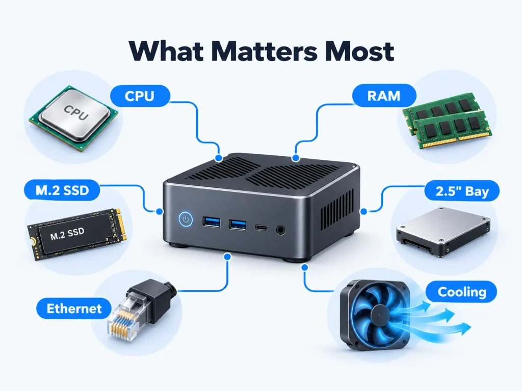 Mini PC home server hardware essentials CPU RAM SSD drive bay Ethernet and cooling
