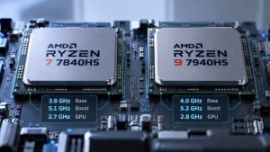 Ryzen 7 7840HS and Ryzen 9 7940HS chips compared side by side with base, boost and Radeon 780M graphics clock speeds.
