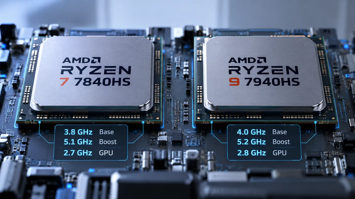 Ryzen 7 7840HS and Ryzen 9 7940HS chips compared side by side with base, boost and Radeon 780M graphics clock speeds.