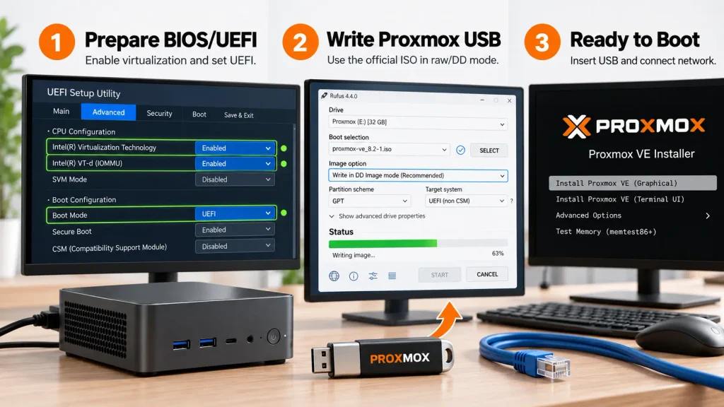 Illustrated steps for enabling UEFI virtualization settings and writing a Proxmox USB installer
