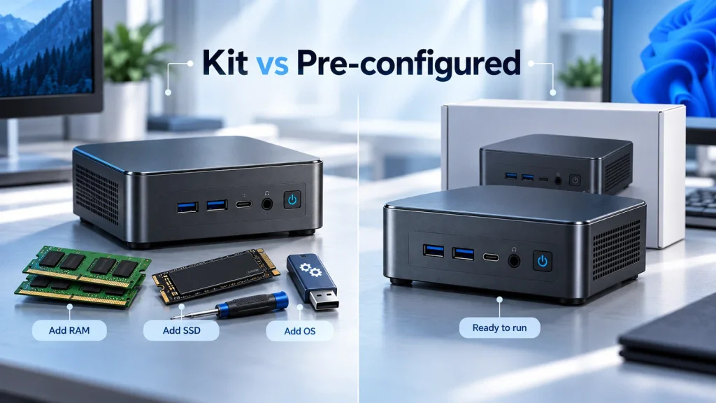 Barebone mini PC kit with separate RAM and SSD compared with a ready-to-use mini PC

