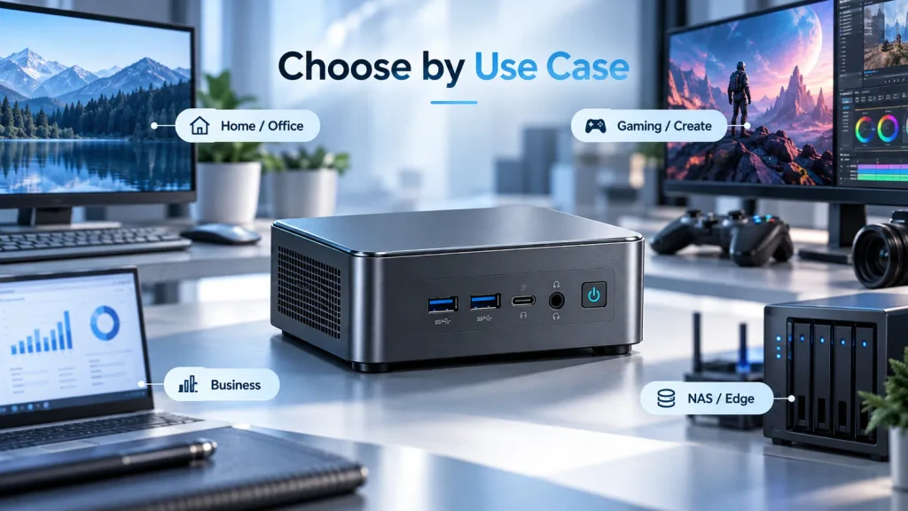 Mini PC workstation illustrating home office, gaming, business and NAS edge applications
