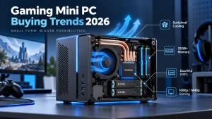 Cutaway rendering of a gaming mini PC highlighting cooling, memory, dual M.2 SSD slots and 2026 buying priorities