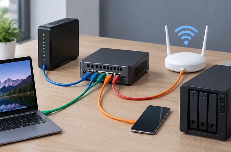 Four LAN port mini PC connected to multiple wired network devices for routing
