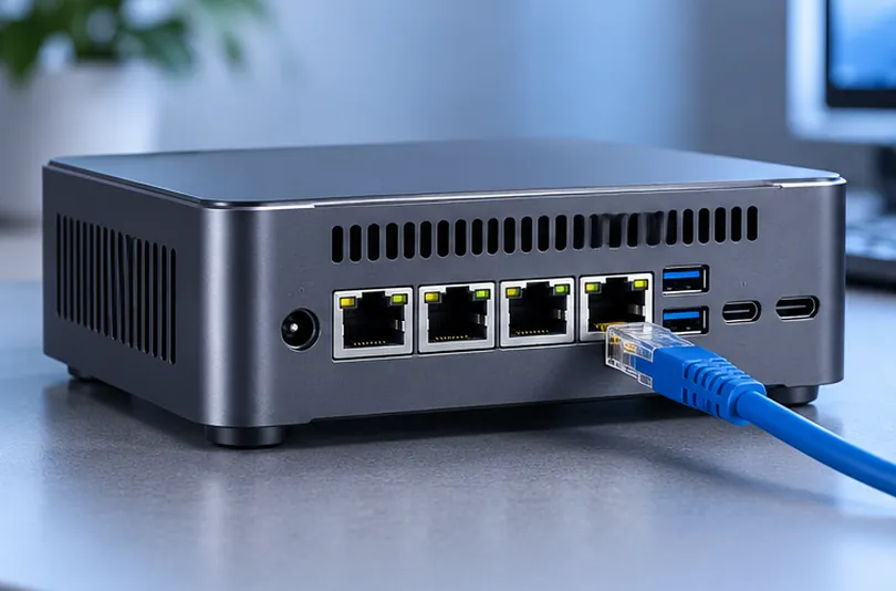 Four-port mini PC with multiple RJ45 Ethernet connectors on the rear panel