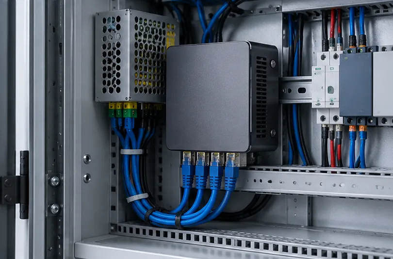 Compact four-port Ethernet mini PC installed inside an industrial network cabinet