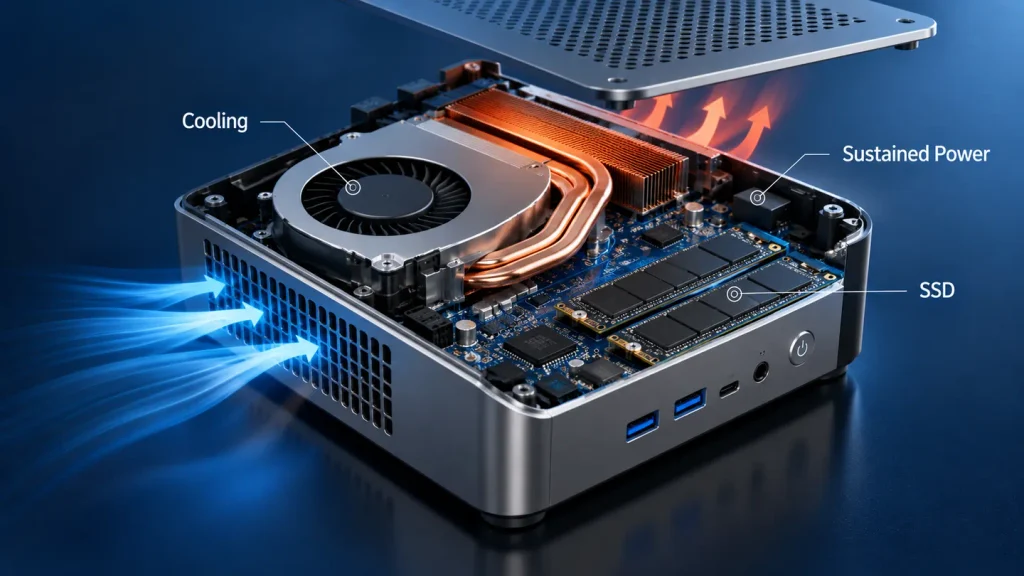 AI schematic cutaway of a mini PC showing fan, copper heat pipes, heatsink fins, SSD storage and cooling airflow.