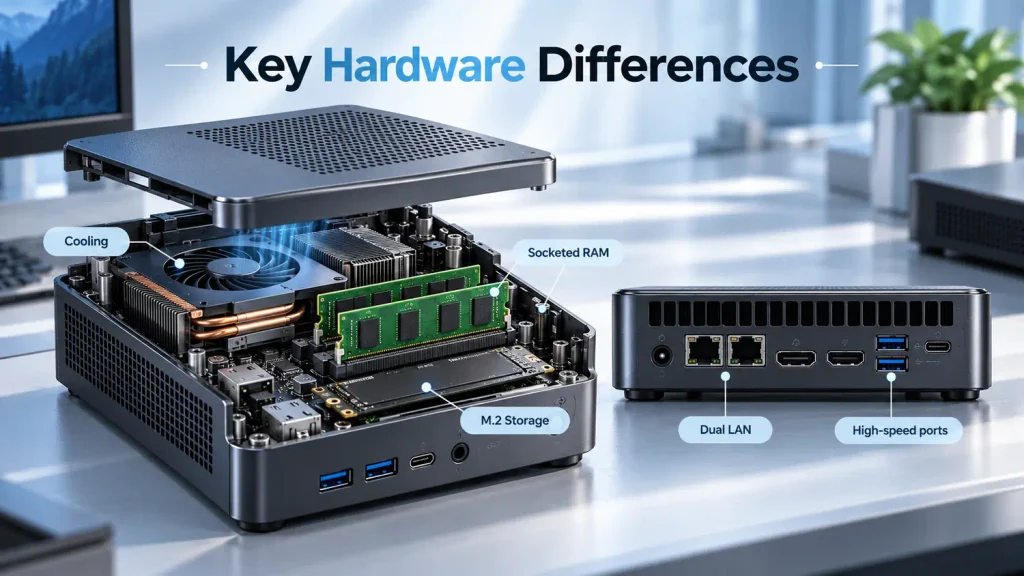 Mini PC internal cooling fan, socketed memory, M.2 SSD and dual LAN rear ports
