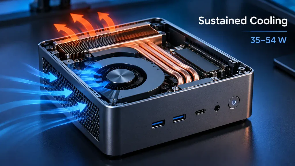 - **Alt Text:** Cutaway render of a mini PC with fan, copper heat pipes, heatsink fins and airflow paths explaining sustained processor cooling.
- **Caption:** Cooling capacity determines how much performance a 35–54 W processor can sustain over a long workload.