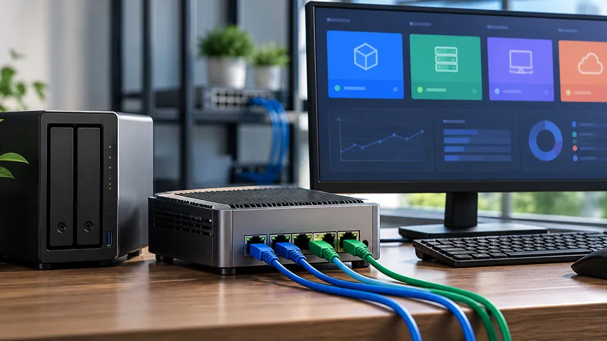 Four LAN port mini PC beside a NAS storage unit in a home lab setup