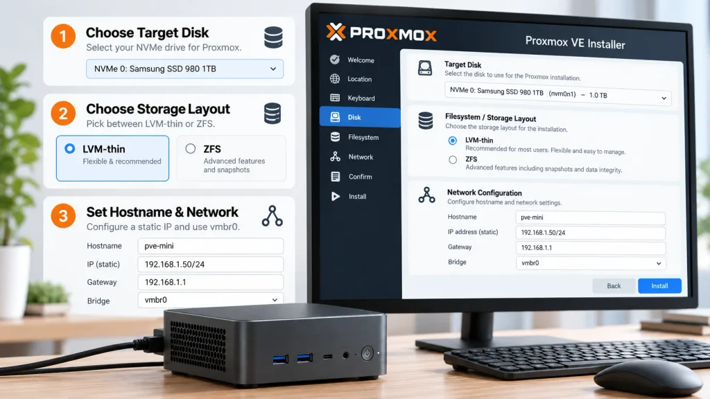 Illustration of Proxmox installation choices for NVMe disk, LVM thin storage, and static IP network settings
