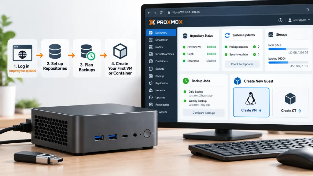 Mini PC connected to Proxmox web management dashboard with repository, backup, and virtual machine setup concepts
