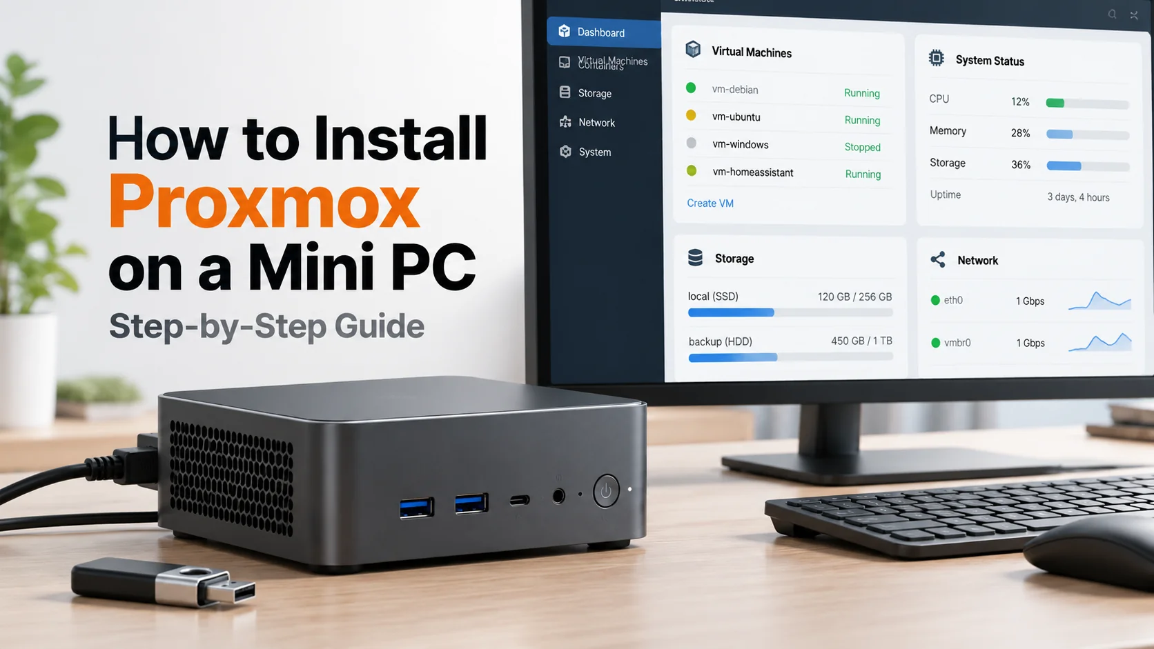 Compact mini PC with USB installer and monitor showing a virtualization dashboard