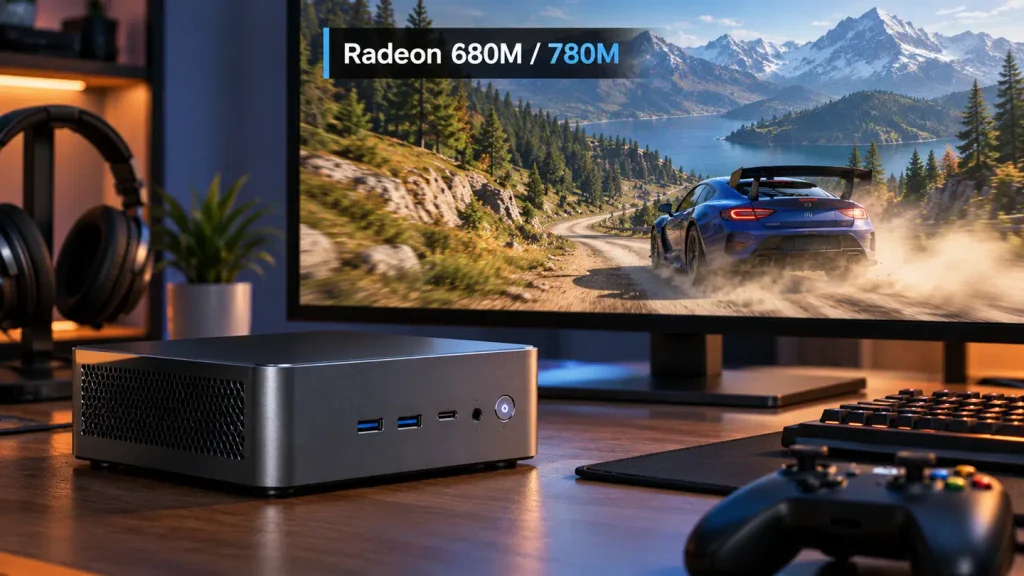 Gaming mini PC with a racing game on a monitor illustrating Radeon 680M and Radeon 780M integrated graphics comparison.
