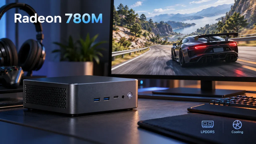  Compact mini PC playing a racing game on a monitor, illustrating Radeon 780M graphics, LPDDR5 memory and cooling requirements.
