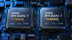 ** AMD Ryzen 7 7735HS Zen 3 plus and Ryzen 7 7840HS Zen 4 processor comparison showing 4 MB versus 8 MB L2 cache.