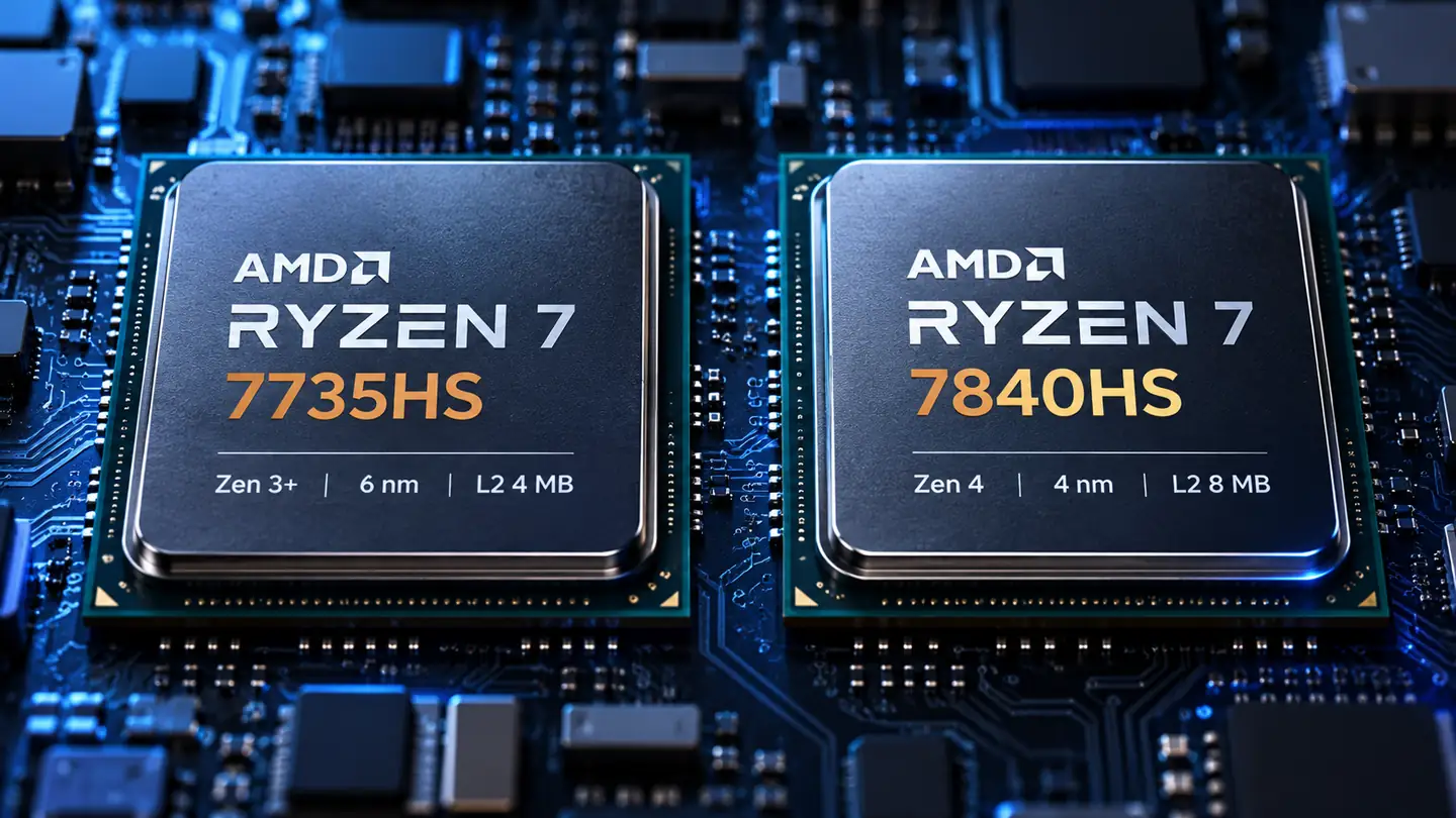 ** AMD Ryzen 7 7735HS Zen 3 plus and Ryzen 7 7840HS Zen 4 processor comparison showing 4 MB versus 8 MB L2 cache.