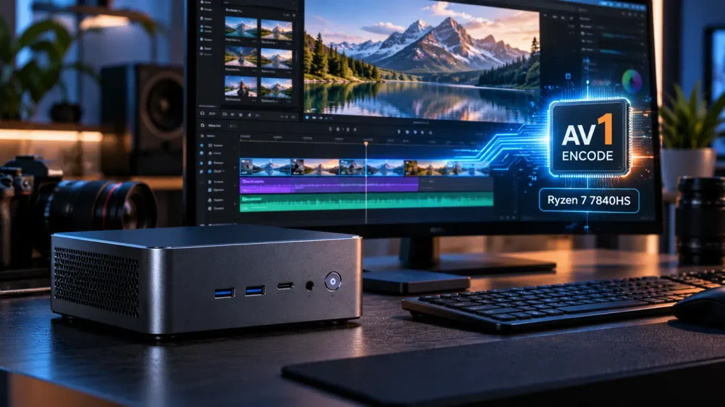 ** Mini PC video editing workstation with a 4K editing timeline and AV1 hardware encoding associated with the Ryzen 7 7840HS.