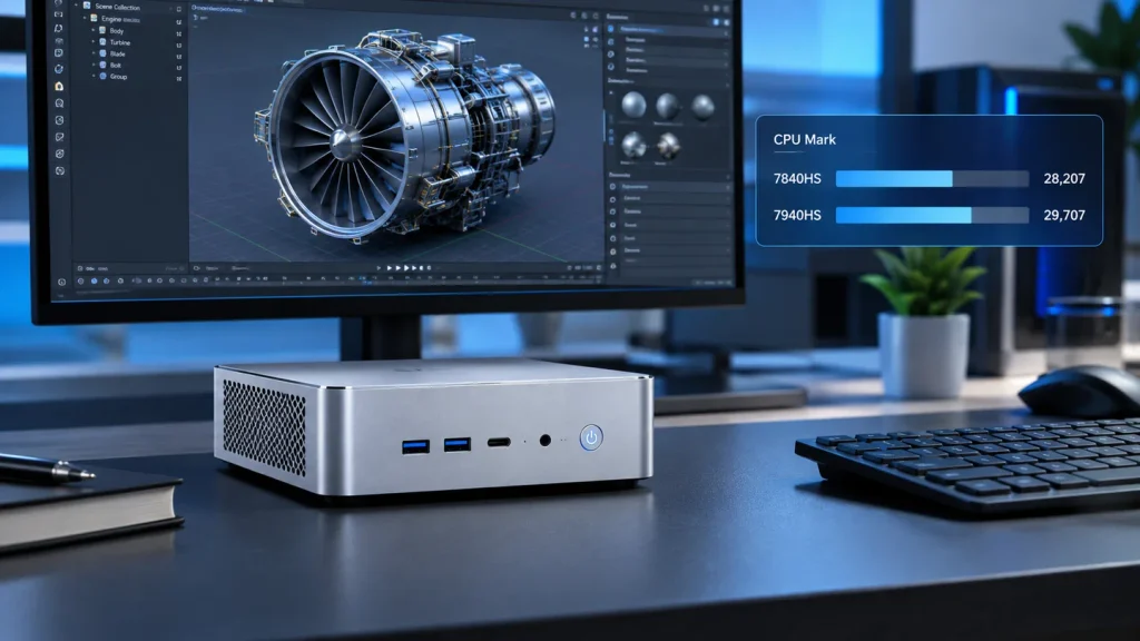 ** Mini PC running a 3D modeling workload beside a CPU Mark comparison showing 28207 for Ryzen 7 7840HS and 29707 for Ryzen 9 7940HS.