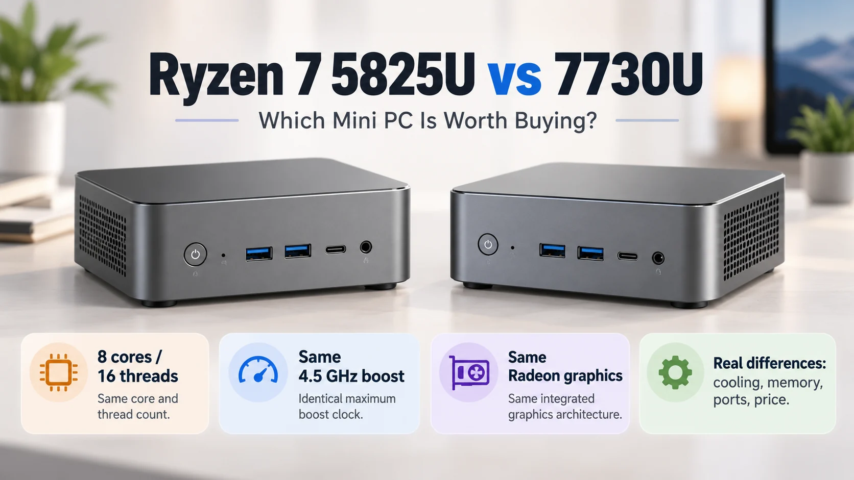 Ryzen 7 5825U vs 7730U Mini PC comparison showing similar CPU features and buying factors