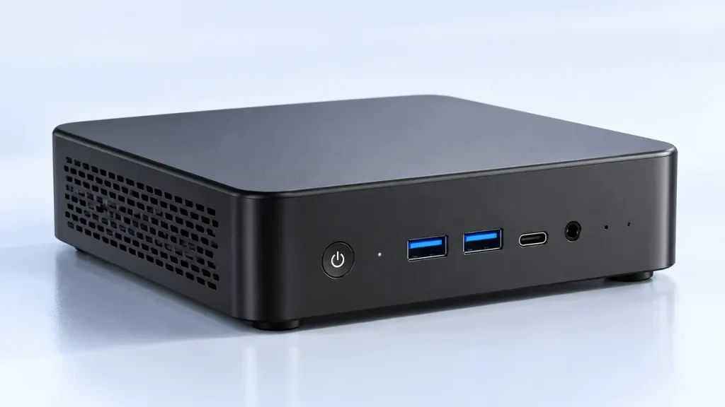 Compact black mini PC product illustration for Windows 11 kiosk applications