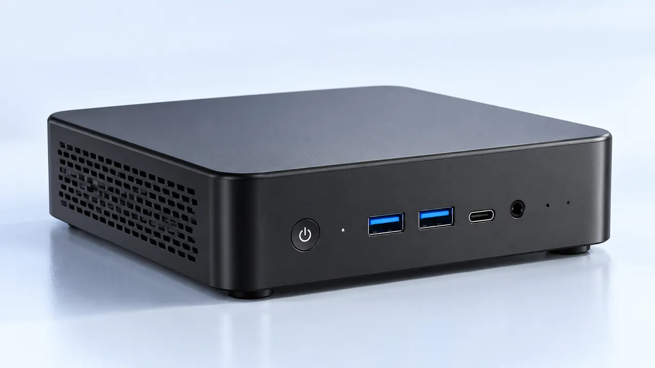 Compact black mini PC product illustration for Windows 11 kiosk applications