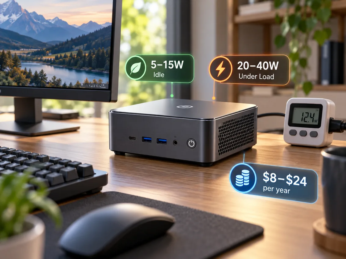 3D mini PC on a desk with idle and load wattage labels and yearly electricity cost