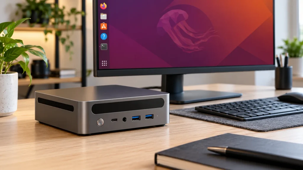 AMD Ryzen Mini PC running Ubuntu Linux on a desktop monitor