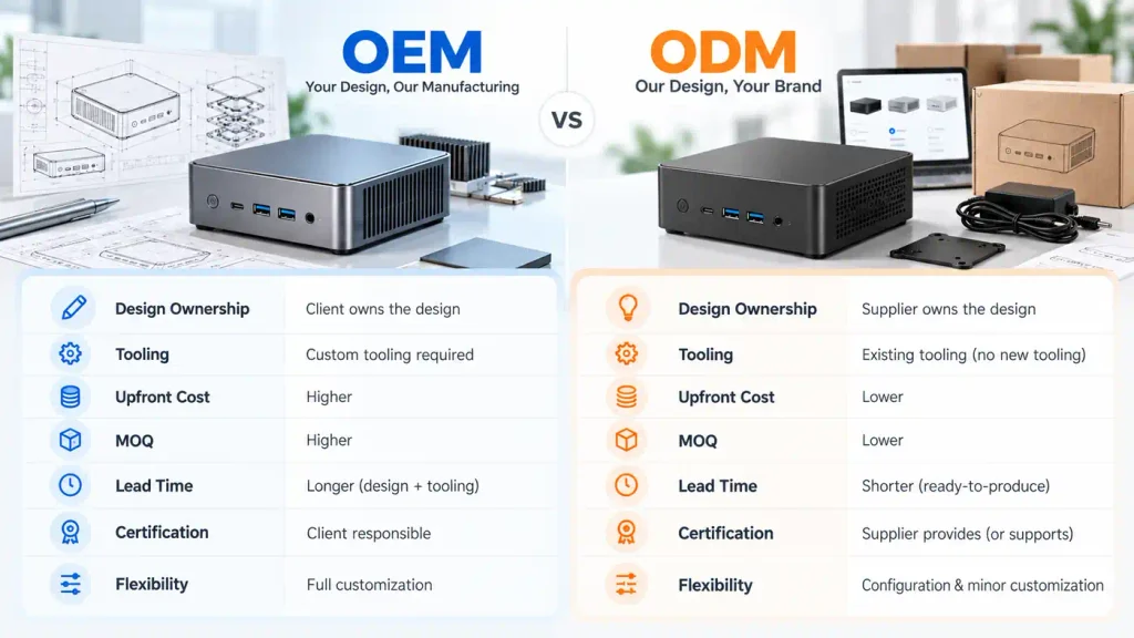 Side by side infographic comparing OEM and ODM for Mini PC projects.