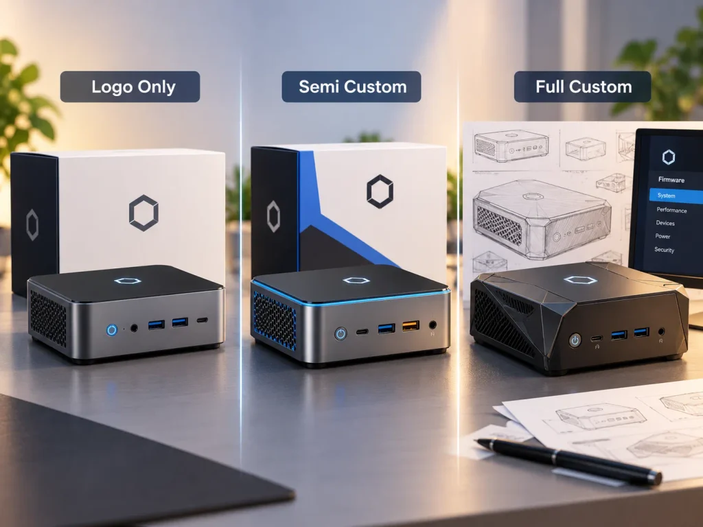 Three mini PC customization routes logo only semi custom and full custom
