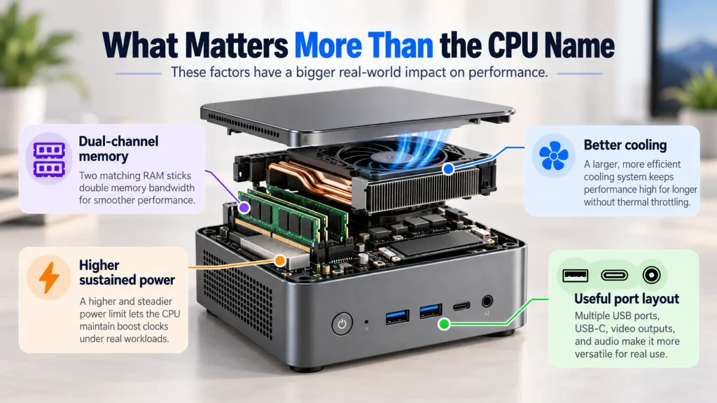Exploded Mini PC view showing dual-channel RAM cooling fan heat pipes and front ports