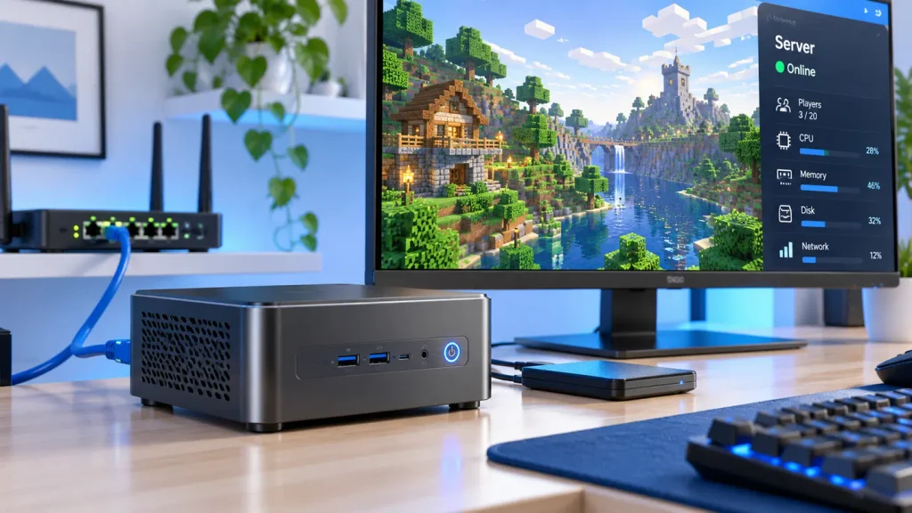 Mini PC hosting a Minecraft style home server with Ethernet connection and online world monitor
