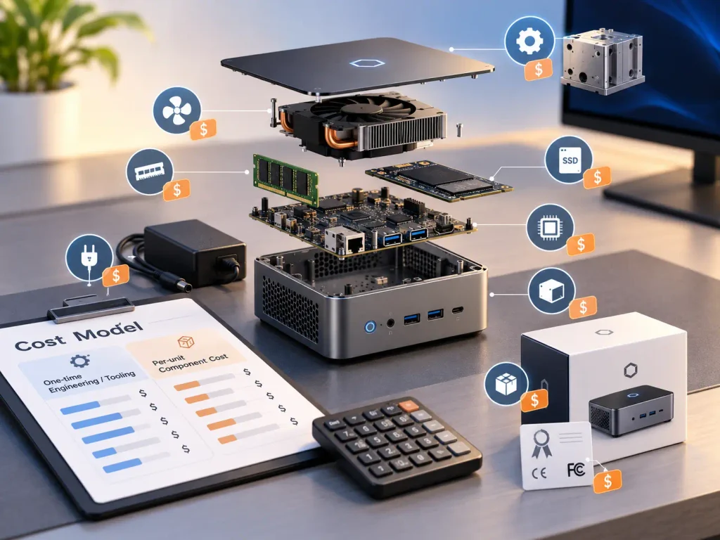 Exploded mini PC showing hardware components and project cost categories