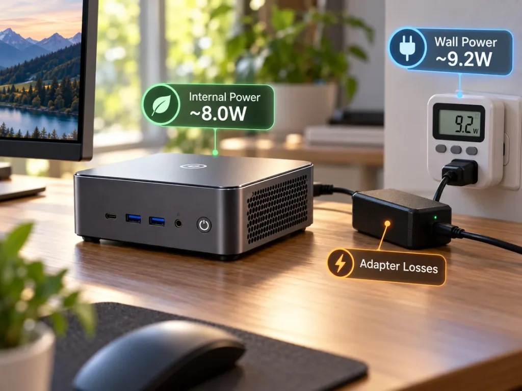 3D mini PC connected to a plug-in electricity meter showing wall power and adapter losses