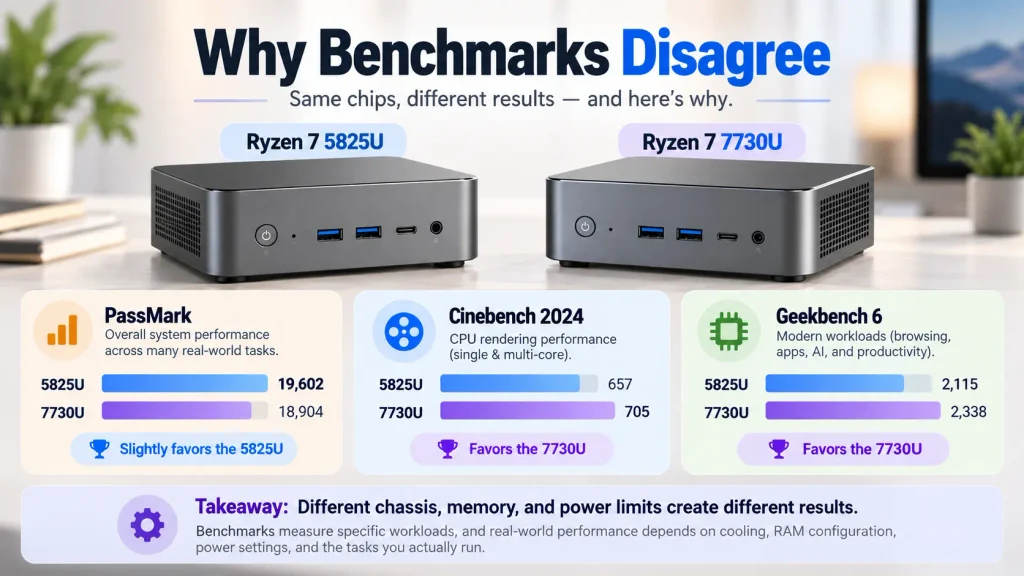 Ryzen 7 5825U and 7730U benchmark comparison illustrating variation across different systems