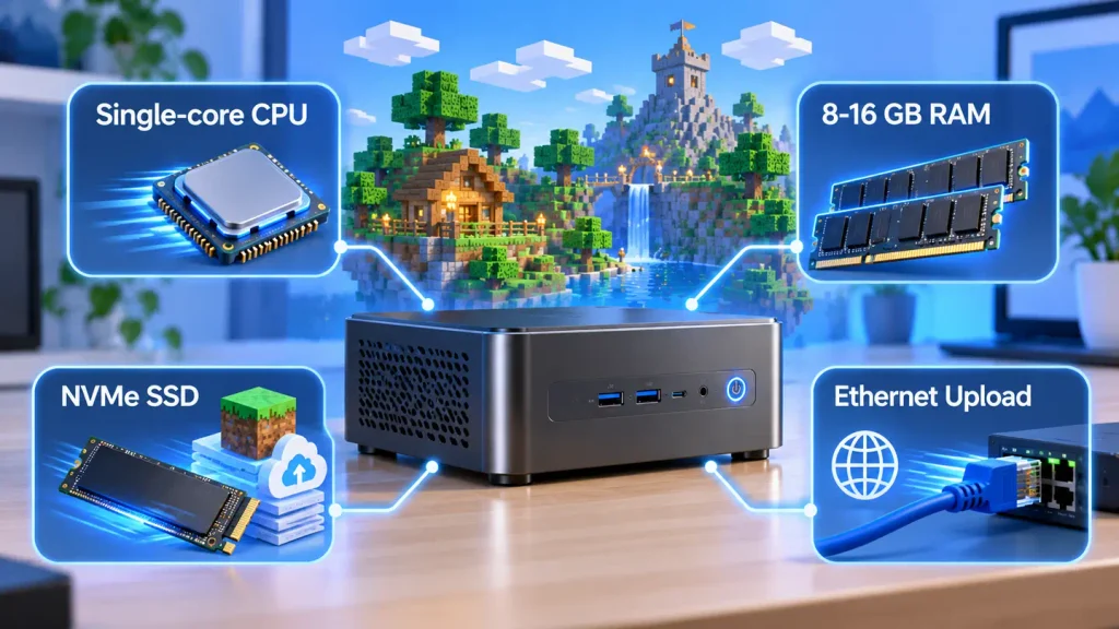 Mini PC Minecraft server hardware priorities showing single core CPU RAM NVMe SSD and Ethernet

