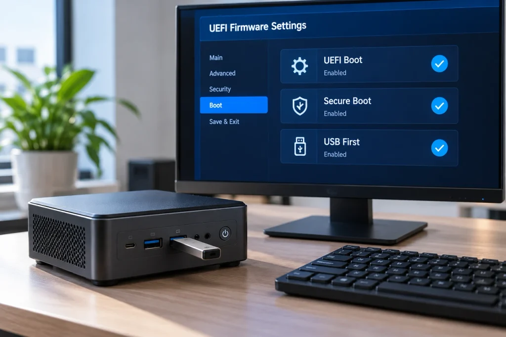 Mini PC booting Ubuntu from a USB flash drive with UEFI and Secure Boot settings