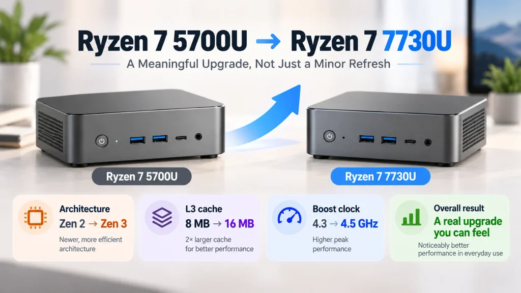 Ryzen 7 5700U to 7730U upgrade showing Zen 3 architecture and larger L3 cache