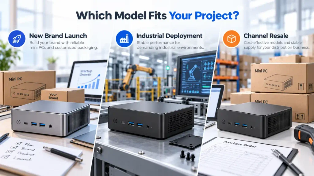 Three mini PC project scenarios: new brand launch, industrial deployment and channel resale.