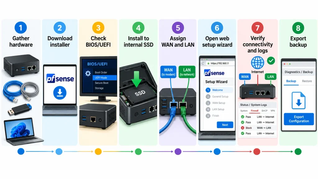 Step-by-step workflow for installing pfSense on a mini PC