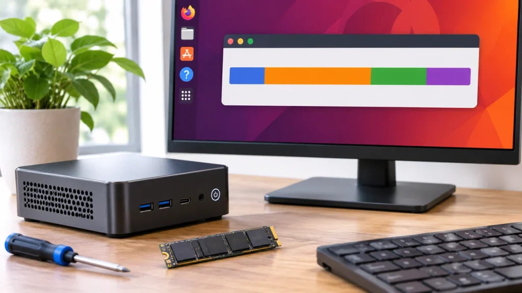 Ubuntu installation on a Ryzen mini PC with NVMe SSD and disk partition overview