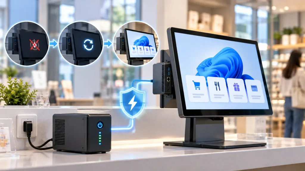Windows 11 kiosk mini PC power recovery and UPS backup illustration