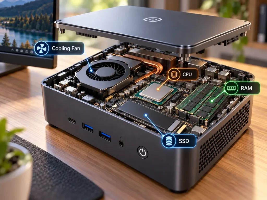 3D cutaway mini PC showing CPU RAM SSD and cooling fan components