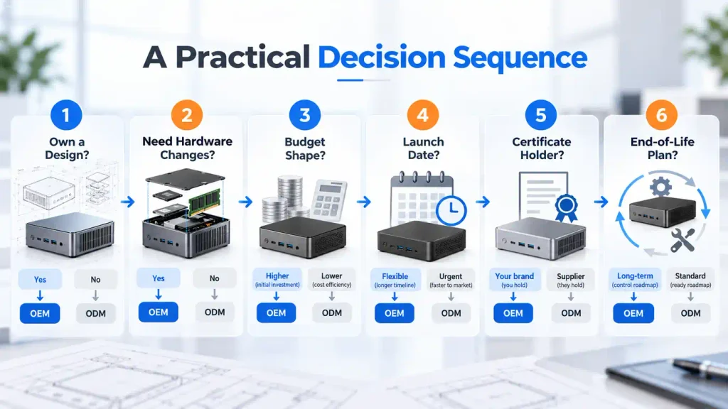Six step decision sequence infographic for choosing OEM or ODM for Mini PCs.