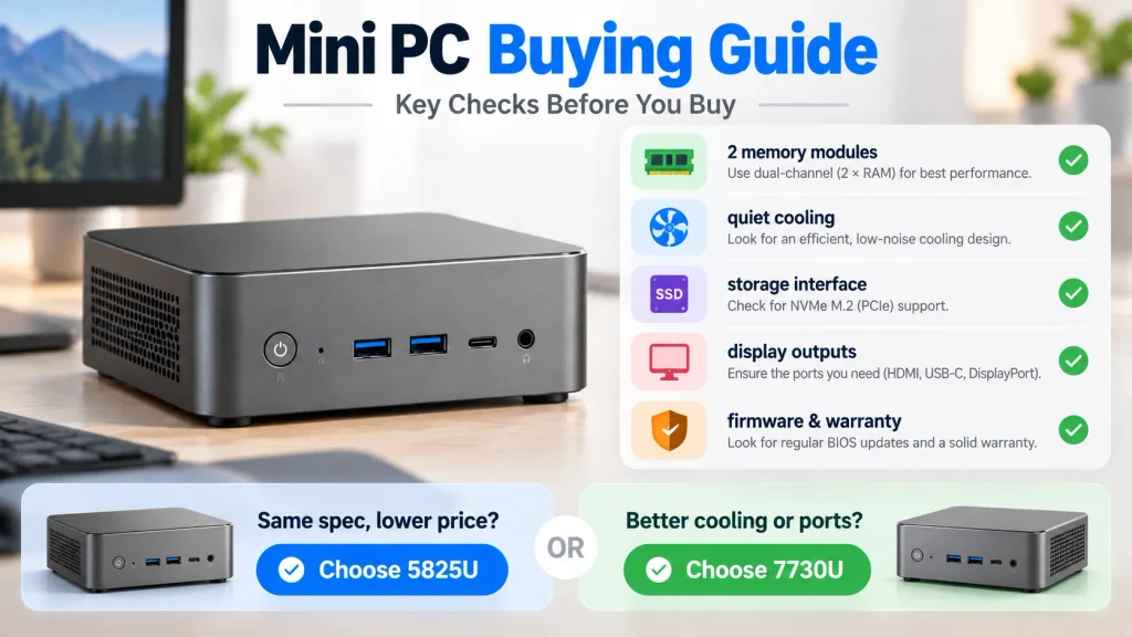 Mini PC purchasing checklist for 5825U and 7730U RAM cooling storage ports and warranty
