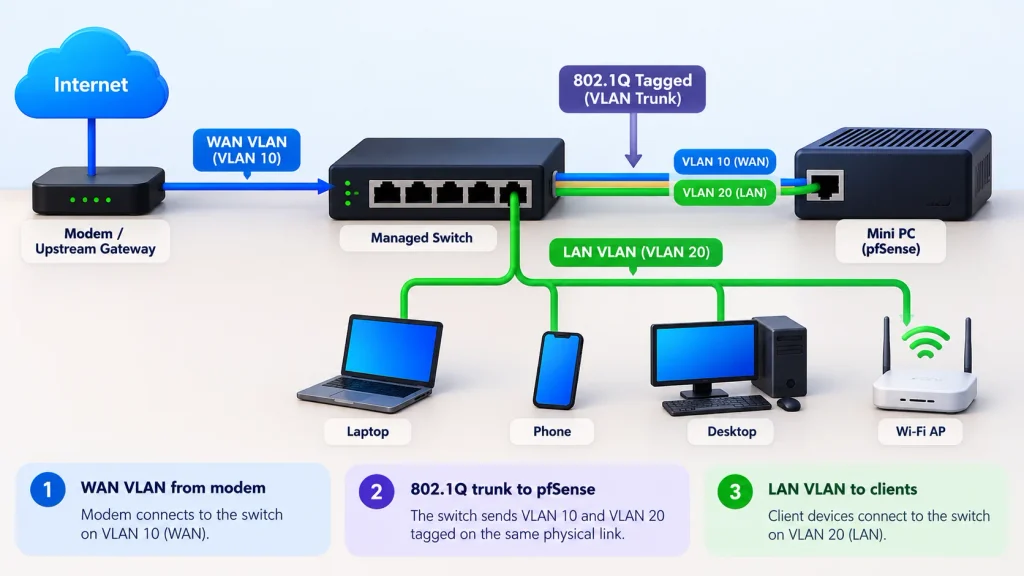 One-port mini PC pfSense setup using VLAN trunking through a managed switch