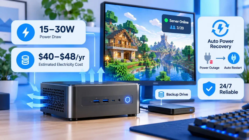 Mini PC always on Minecraft server power use cooling backup drive and automatic restart
