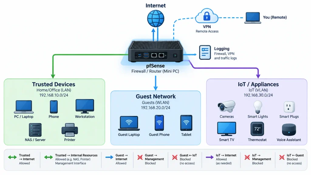 Trusted, guest, and IoT network segmentation example for a pfSense router